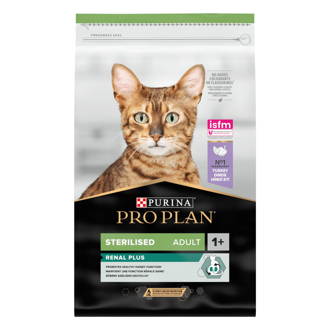 ​PURINA® PRO PLAN® STERILISED s formulo OPTIRENAL®, bogata s puranom, suha hrana za mačke
