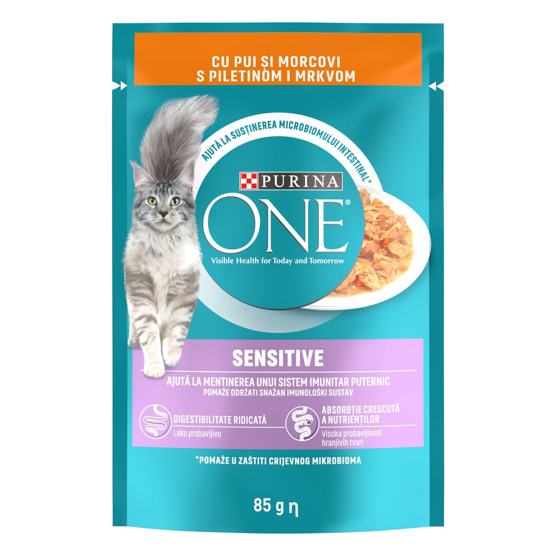 PURINA ONE® SENSITIVE, mini fileji s piščancem in korenjem v omaki, mokra hrana za mačke