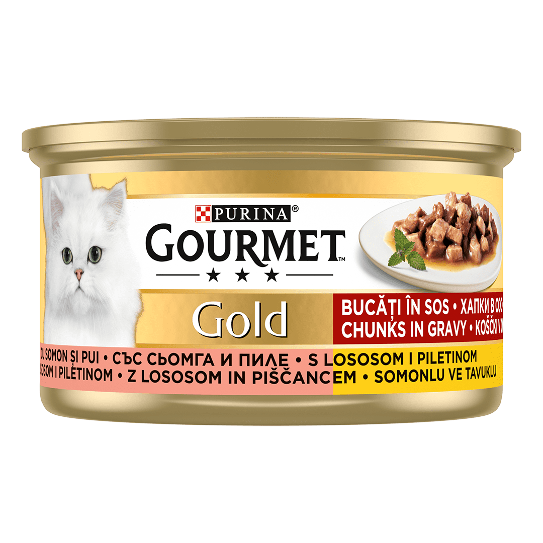 GOURMET Gold, koščki v omaki, piščanec in losos, mokra hrana za mačke