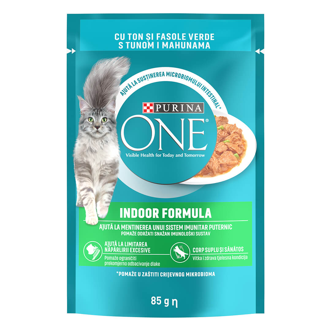 PURINA ONE® Indoor, mini fileji s tuno in zelenim fižolom v omaki, mokra hrana za mačke