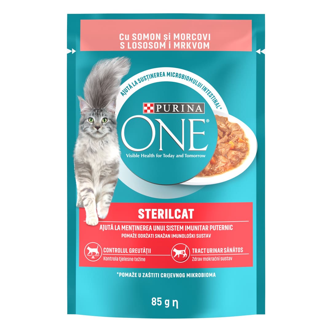 PURINA ONE® Sterilcat, mini fileji z lososom in korenjem v omaki, mokra hrana za mačke