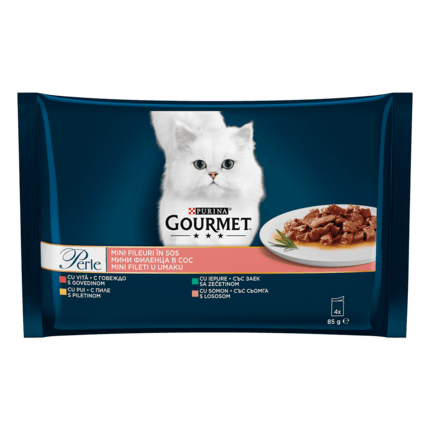 GOURMET Perle, mešan izbor, mini fileji v omaki, govedina/piščanec/zajec/losos, mokra hrana za mačke