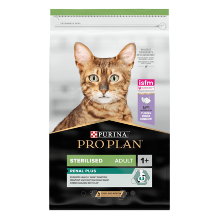 ​PURINA® PRO PLAN® STERILISED s formulo OPTIRENAL®, bogata s puranom, suha hrana za mačke
