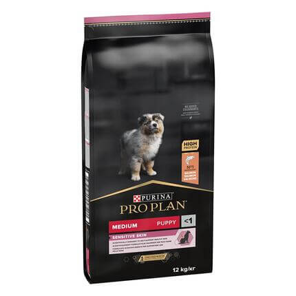 PURINA® PRO PLAN® Junior, občutljiva koža, srednje velike pasme, losos, suha hrana za pse