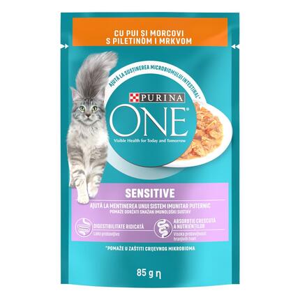 PURINA ONE® SENSITIVE, mini fileji s piščancem in korenjem v omaki, mokra hrana za mačke