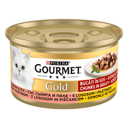 GOURMET Gold, koščki v omaki, piščanec in losos, mokra hrana za mačke