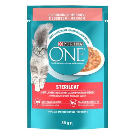 PURINA ONE® Sterilcat, mini fileji z lososom in korenjem v omaki, mokra hrana za mačke