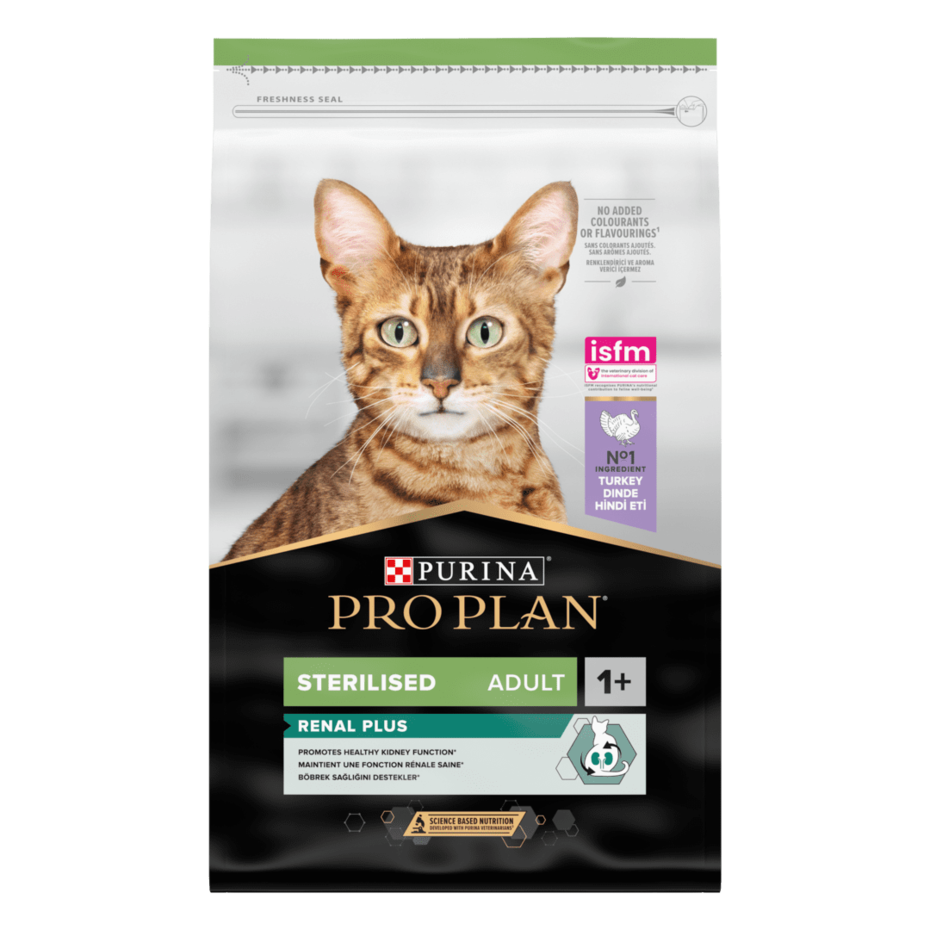 ​PURINA® PRO PLAN® STERILISED s formulo OPTIRENAL®, bogata s puranom, suha hrana za mačke
