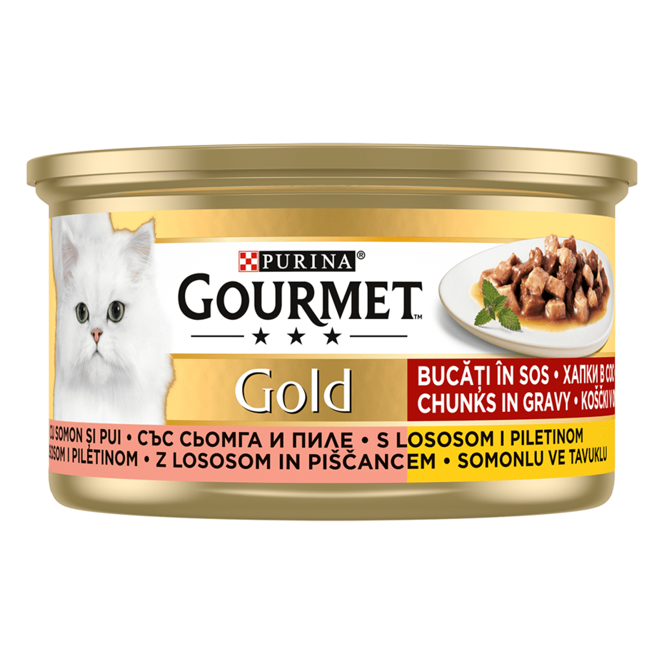 GOURMET Gold, koščki v omaki, piščanec in losos, mokra hrana za mačke