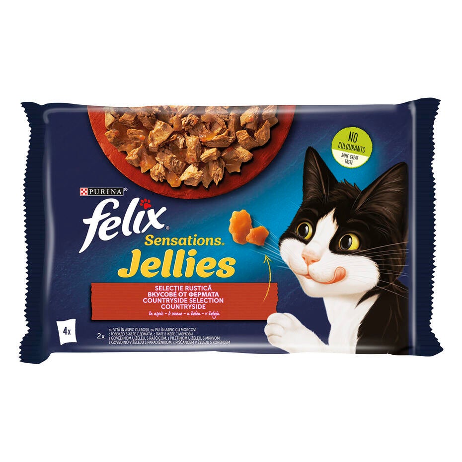FELIX SENSATIONS, z govedino in paradižnikom/piščancem v želeju s korenjem, mešan izbor, mokra hrana za mačke