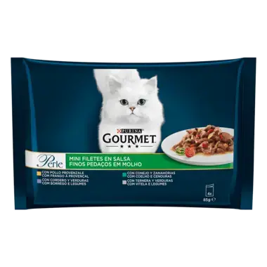 GOURMET Perle, mešan izbor, mini fileji v omaki, teletina/zajec in zelenjava/jagnjetina in zelenjava/piščanec, mokra hrana
