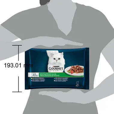 GOURMET Perle, mešan izbor, mini fileji v omaki, teletina/zajec in zelenjava/jagnjetina in zelenjava/piščanec, mokra hrana
