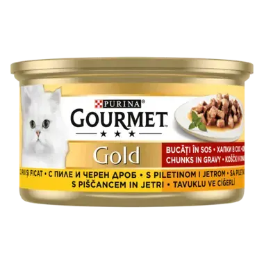 GOURMET Gold, koščki v omaki, piščanec in jetra, mokra hrana za mačke