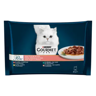 GOURMET Perle, mešan izbor, mini fileji v omaki, govedina/piščanec/zajec/losos, mokra hrana za mačke