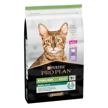 PURINA® PRO PLAN® STERILISED s formulo OPTIRENAL®, bogata s puranom, suha hrana za mačke