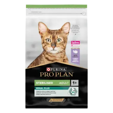 PURINA® PRO PLAN® STERILISED s formulo OPTIRENAL®, bogata s puranom, suha hrana za mačke