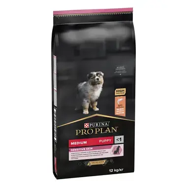 PURINA® PRO PLAN® Junior, občutljiva koža, srednje velike pasme, losos, suha hrana za pse