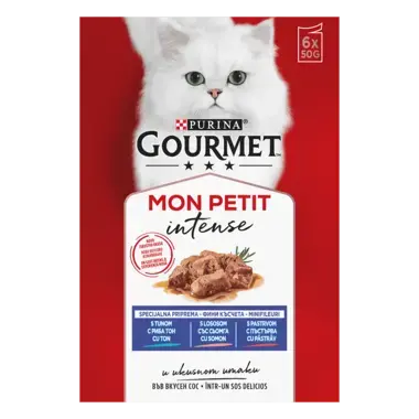 GOURMET Mon Petit, Mešan izbor, Losos, Tuna in postrv, mokra hrana za mačke