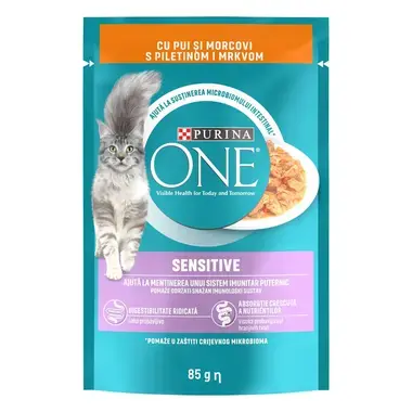 PURINA ONE® SENSITIVE, mini fileji s piščancem in korenjem v omaki, mokra hrana za mačke