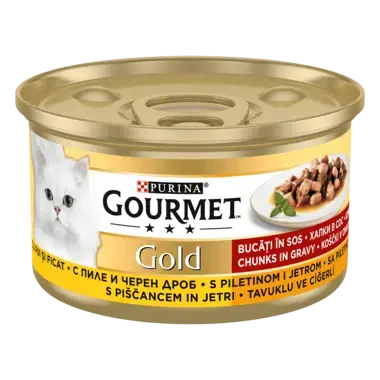 GOURMET Gold, koščki v omaki, piščanec in jetra, mokra hrana za mačke