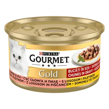 GOURMET Gold, koščki v omaki, piščanec in losos, mokra hrana za mačke