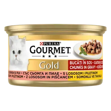 GOURMET Gold, koščki v omaki, piščanec in losos, mokra hrana za mačke