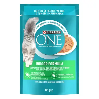 PURINA ONE® Indoor, mini fileji s tuno in zelenim fižolom v omaki, mokra hrana za mačke