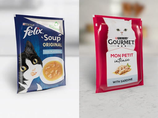 Embalaža hrane za mačke Purina, ki jo je mogoče reciklirati